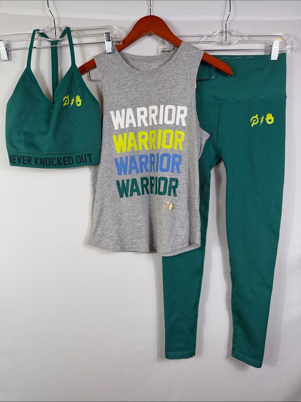 Spiritual Gangster Set Teal Leggings & Sports Bra with Gray Tank S, M/L